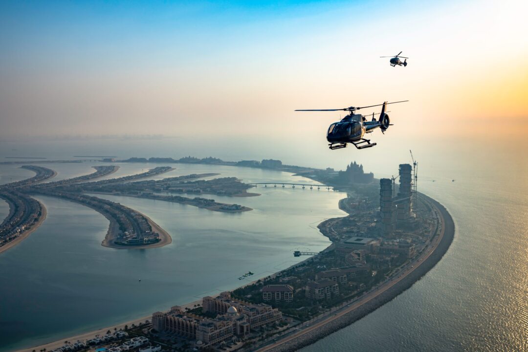 Helicopter Dubai flying above Burj Khalifa during a scenic tour in 2025
