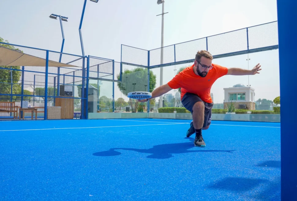 Modern outdoor Padel Tennis courts in Dubai with skyline in the background