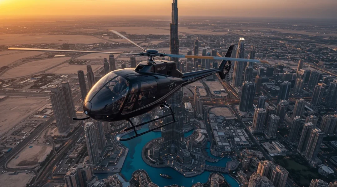 Dubai helicopter tour flying over Burj Khalifa with city skyline in 2025