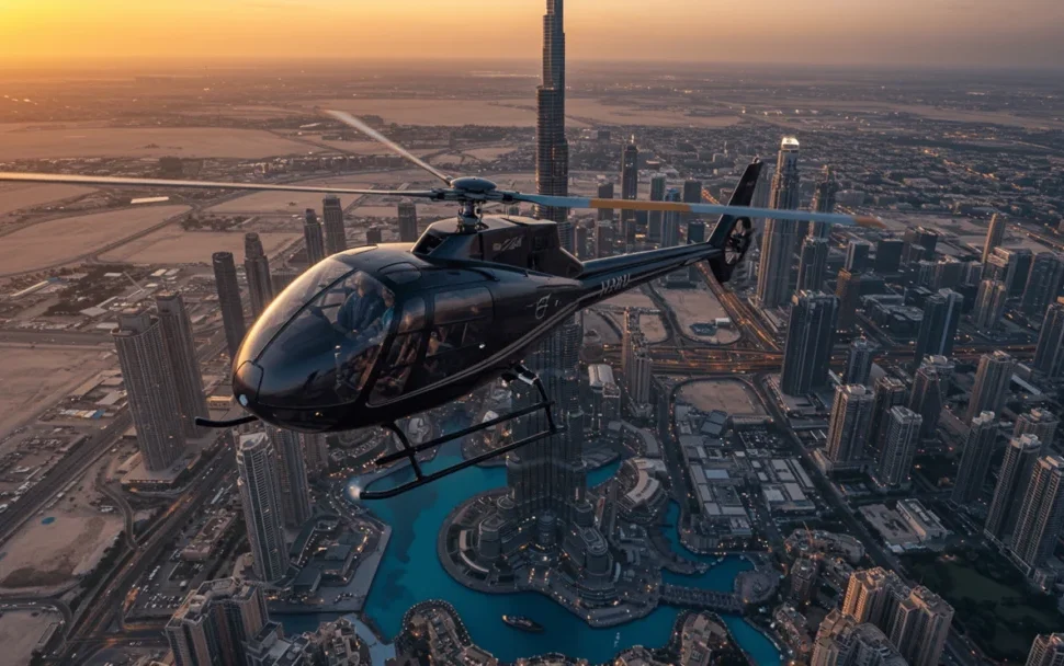 Dubai helicopter tour flying over Burj Khalifa with city skyline in 2025