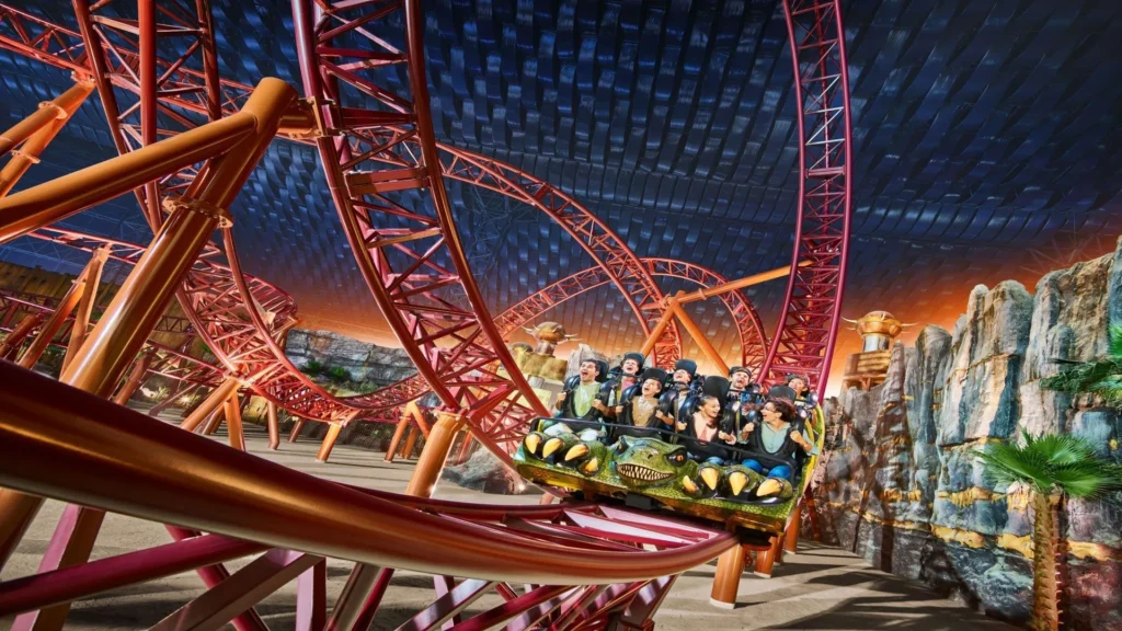 Exciting roller coaster experiences in Dubai with riders enjoying thrilling rides and breathtaking views