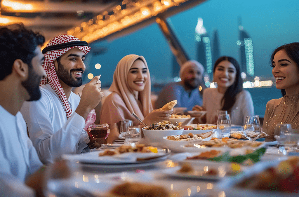 Beautifully decorated Iftar setup in Dubai for Ramadan 2026 with Arabic lamps and dates