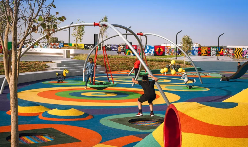 The 10 Best Playgrounds For Kids In The UAE To Visit Now › Forever Tourism LLC Children playing in top-rated playgrounds for kids in the UAE, surrounded by safe, modern play structures.