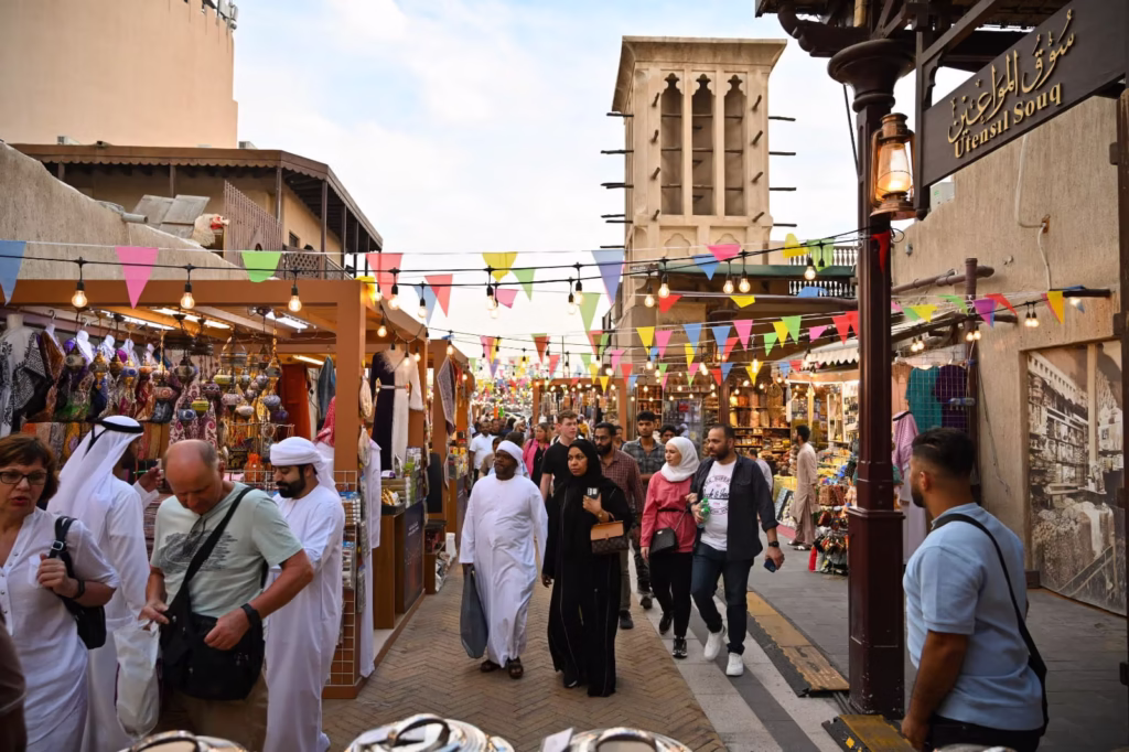 Beautiful Ramadan street scene in Dubai at sunset showing lanterns, traditional decorations, and a festive ambiance