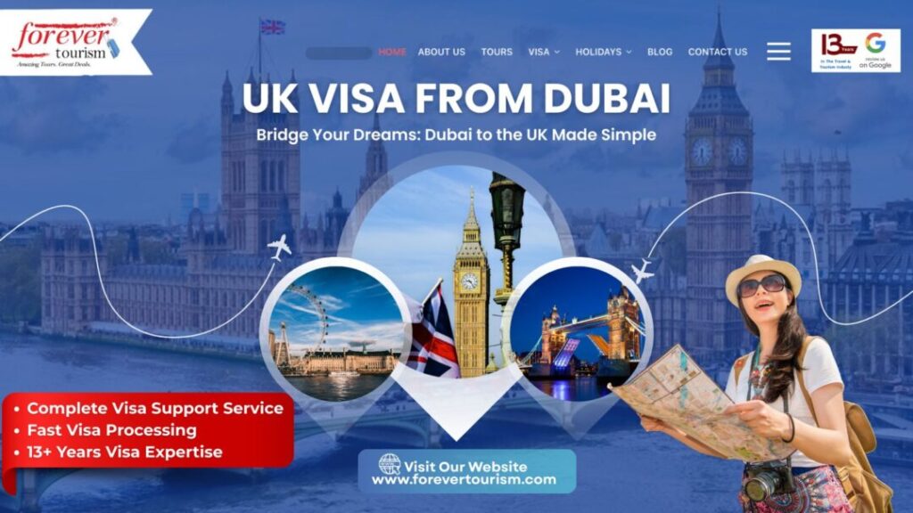 Travel documents and passport prepared for visa to UK from Dubai, showing checklist of UK visa requirements and application process.