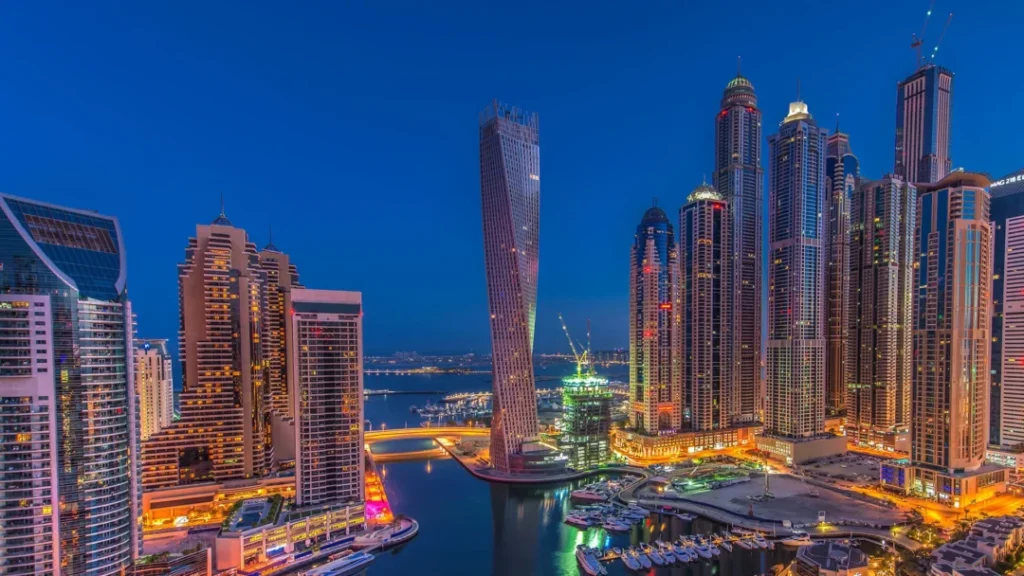 Dhow Cruise Marina scenic evening in Dubai showcasing skyline views and boat