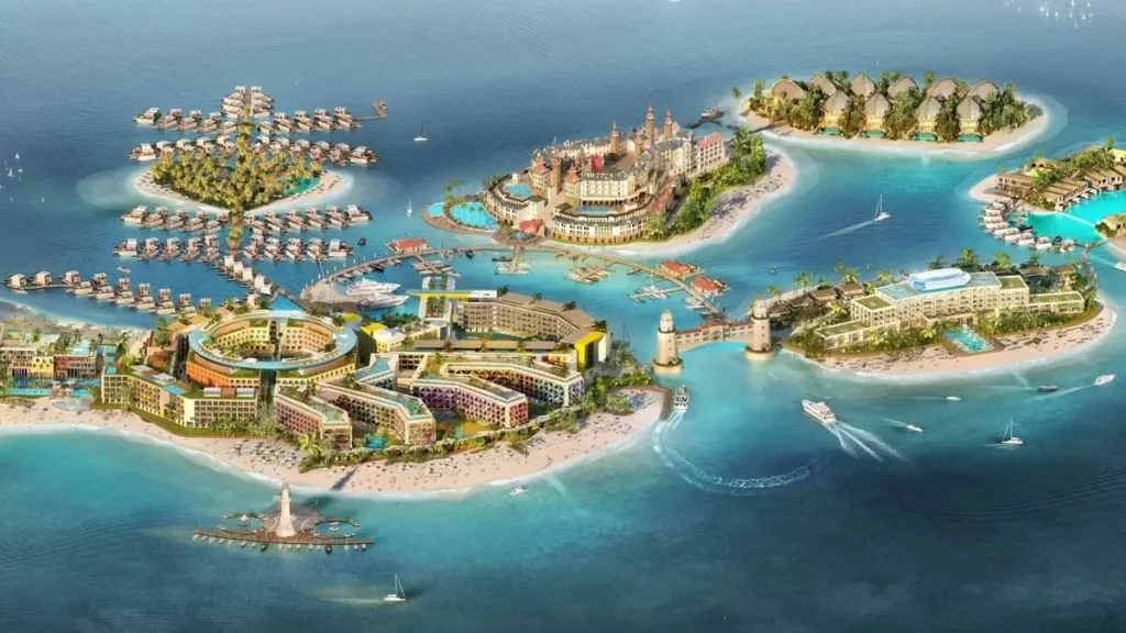 A breathtaking aerial view of Dubai’s skyline with a helicopter in Dubai flying over iconic landmarks