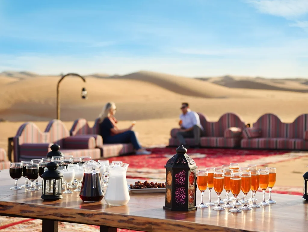Beautifully decorated Iftar setup in Dubai for Ramadan 2026 with Arabic lamps and dates
