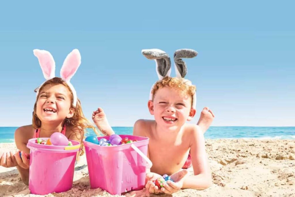 Family enjoying Easter brunch at locations in Dubai to celebrate Easter by Burj Khalifa with colorful decorations and eggs.