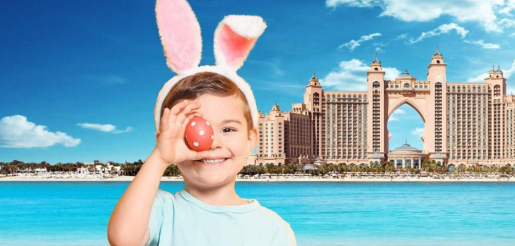 Family enjoying Easter brunch at locations in Dubai to celebrate Easter by Burj Khalifa with colorful decorations and eggs.