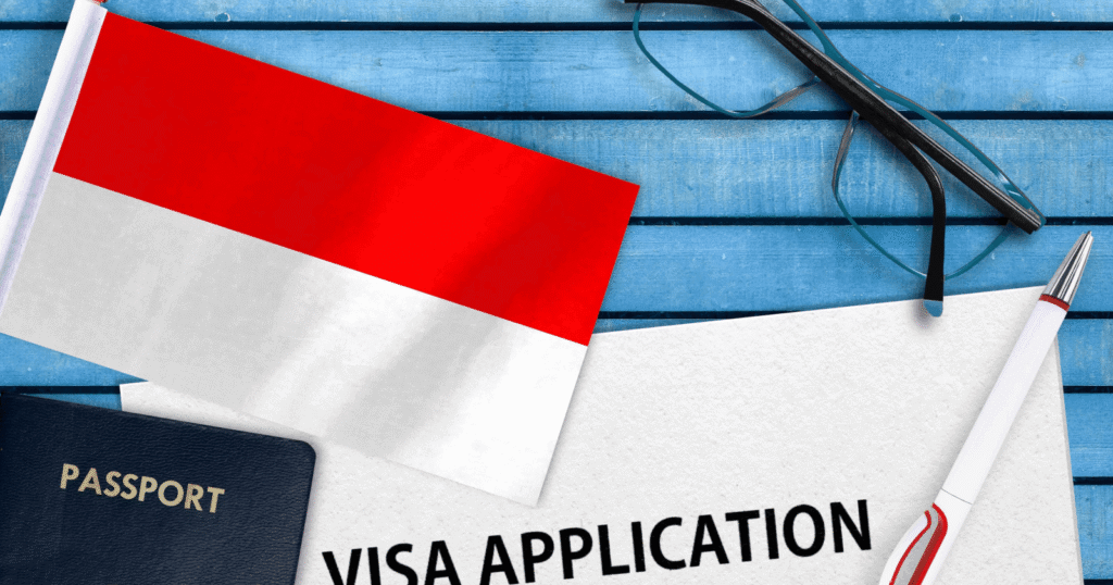 Traveler holding Indonesia visa at airport before flight from Dubai to Indonesia