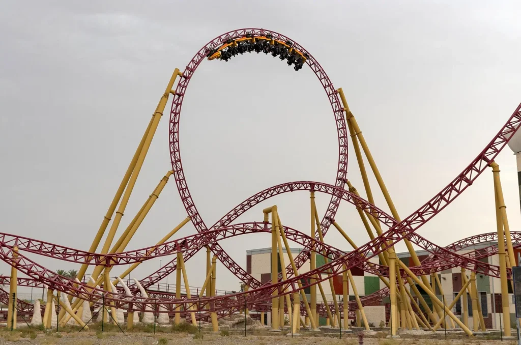 Exciting roller coaster experiences in Dubai with riders enjoying thrilling rides and breathtaking views
