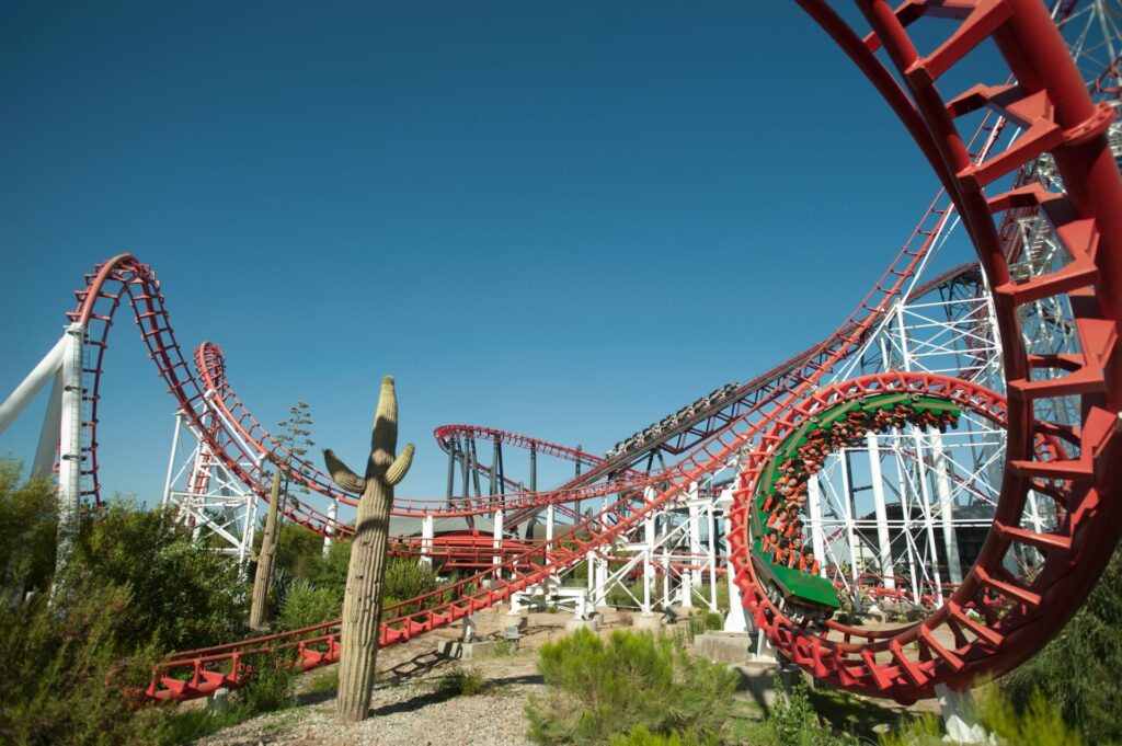 Exciting roller coaster experiences in Dubai with riders enjoying thrilling rides and breathtaking views