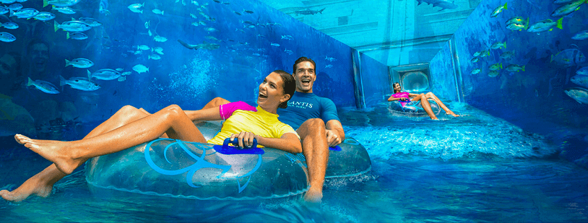 Atlantis Aquaventure slides and Lost Chambers Aquarium tunnel view inside Dubai's iconic Palm resort