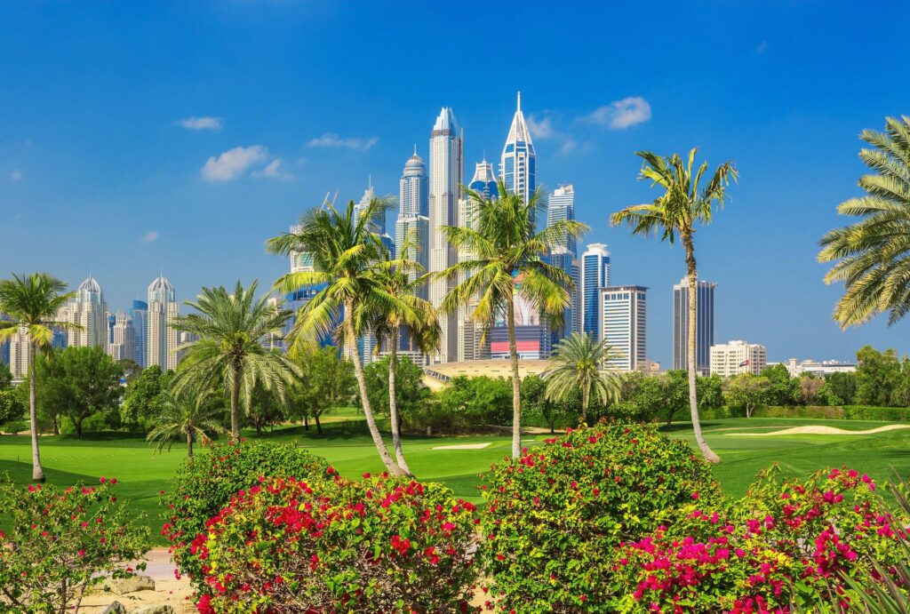 › Forever Tourism LLC Children and families enjoying Gardens and Playgrounds Near Dubai on a sunny day with greenery and Dubai skyline in the background.