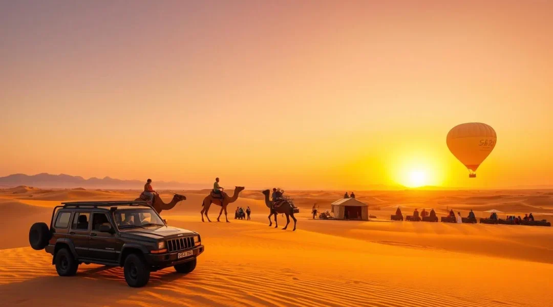 Stunning Dubai desert view with golden sand dunes, clear skies, and a breathtaking sunset landscape