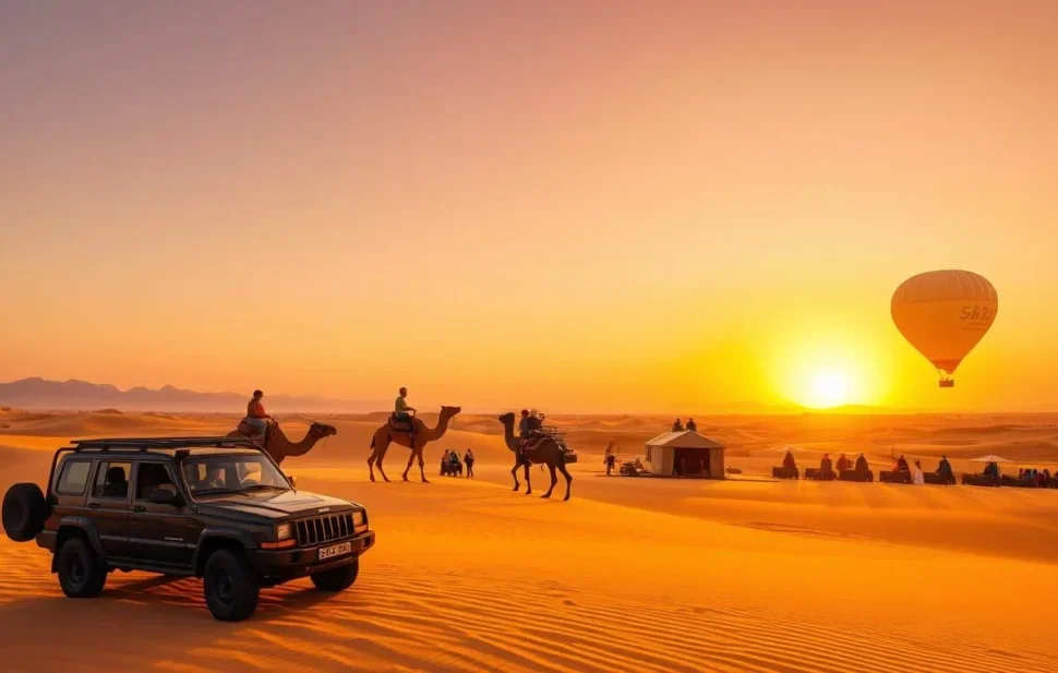 Stunning Dubai desert view with golden sand dunes, clear skies, and a breathtaking sunset landscape