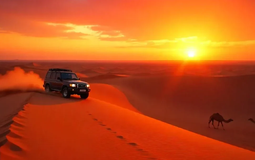Desert safari HD view of golden sand dunes and 4x4 vehicles in Dubai’s desert.