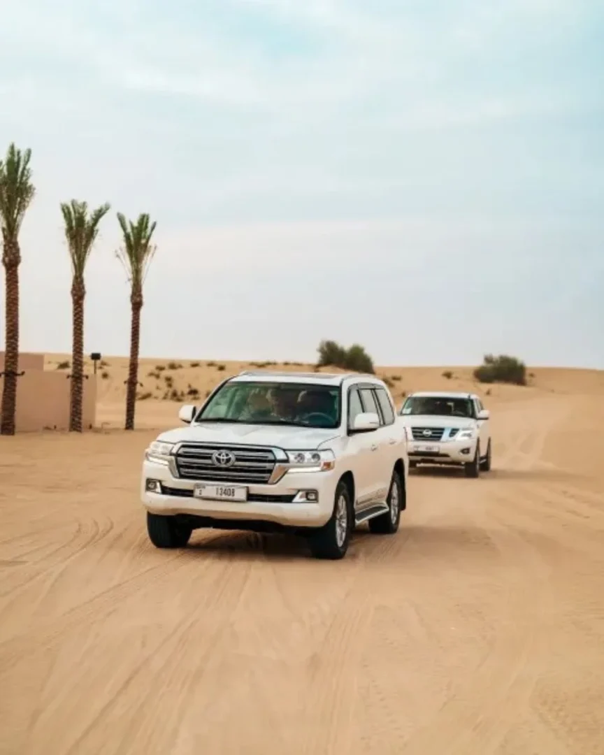 4x4 at sunset with sandboard tracks—desert safari ticket price guide