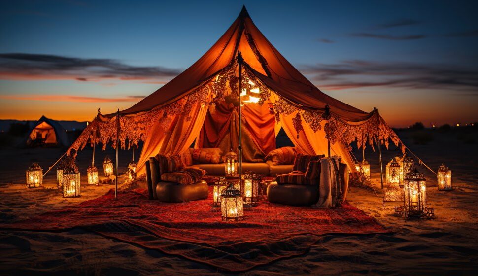 Sunday night Dubai desert safari with red dunes, camel ride, and camp lights