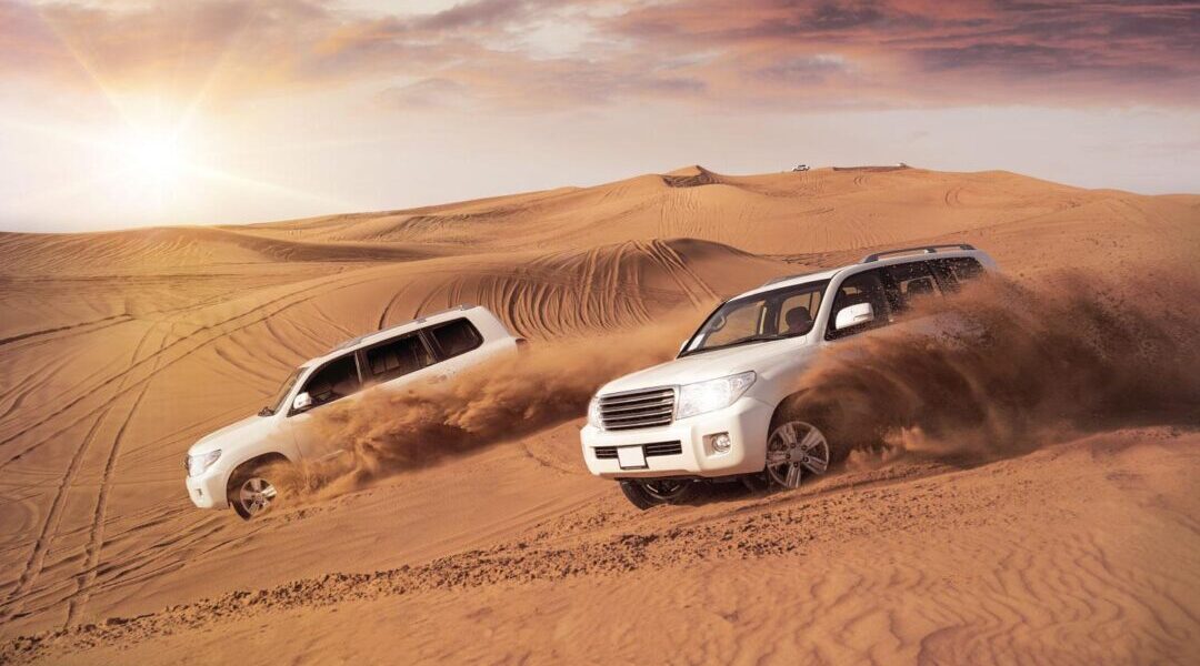 Tourists enjoying desert experience Dubai with camel ride at sunset