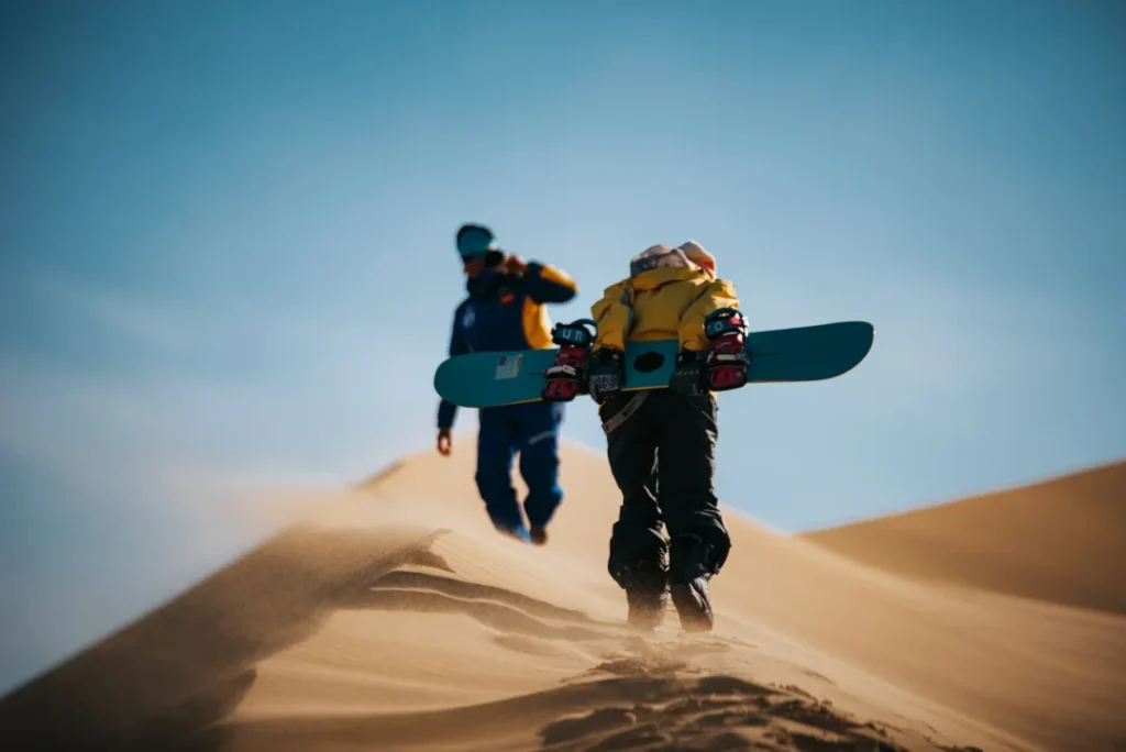 Traveler enjoying sandboarding Dubai on golden desert dunes