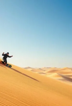 Traveler sand surfing down a red dune at sunset near Dubai