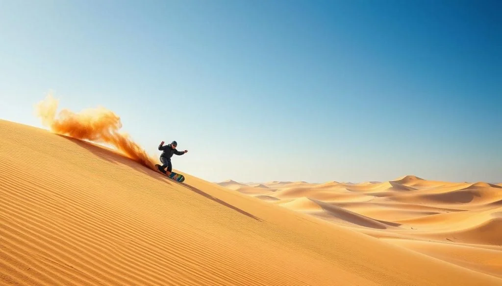 Traveler sand surfing down a red dune at sunset near Dubai