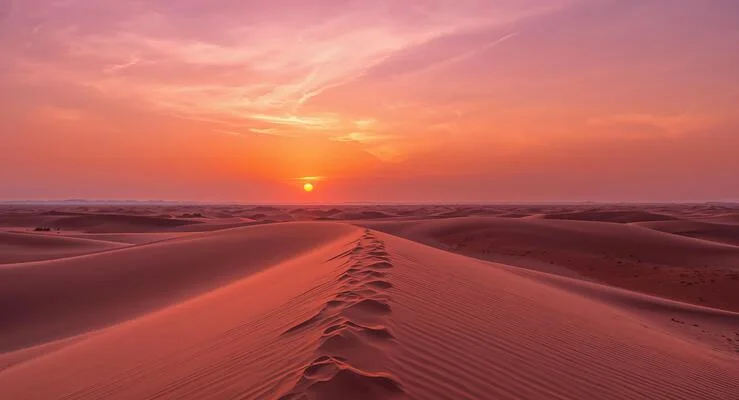 serene-desert-landscape-at-sunset-with-footprints-on-a-dune-crest-dubai-uae-photo › Forever Tourism LLC Desert safari HD view of golden sand dunes and 4x4 vehicles in Dubai’s desert.