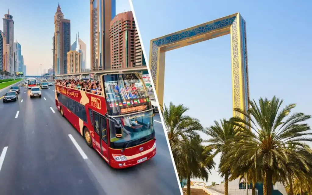 › Forever Tourism LLC Big Bus Tours Dubai hop-on hop-off bus passing Burj Khalifa and Dubai skyline