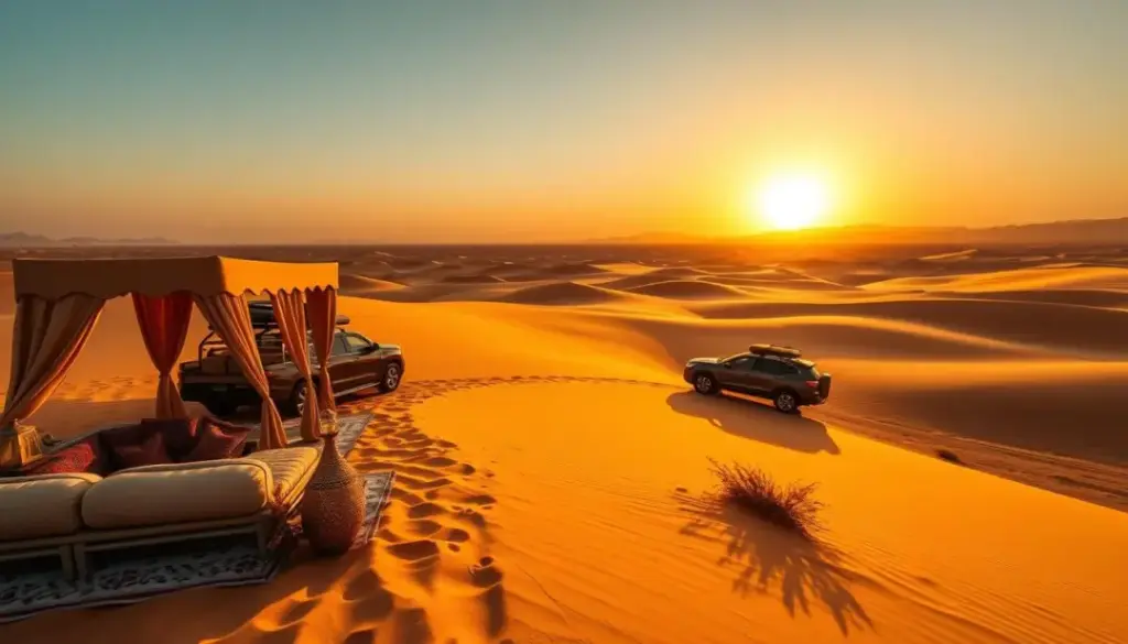 Arabian Safari Dubai with 4x4 on red dunes at sunset and lantern-lit camp