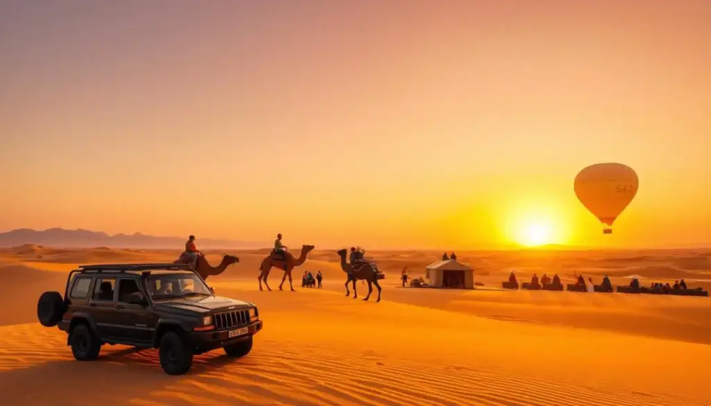 Adventure vehicles and camels during a desert safari drive at sunrise in Dubai