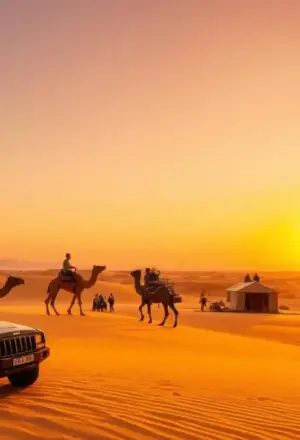 Adventure vehicles and camels during a desert safari drive at sunrise in Dubai