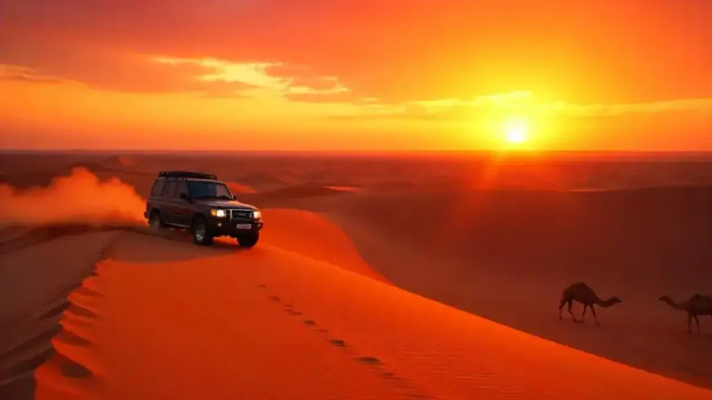 Overnight Desert Safari Dubai camp with lanterns under a starry sky