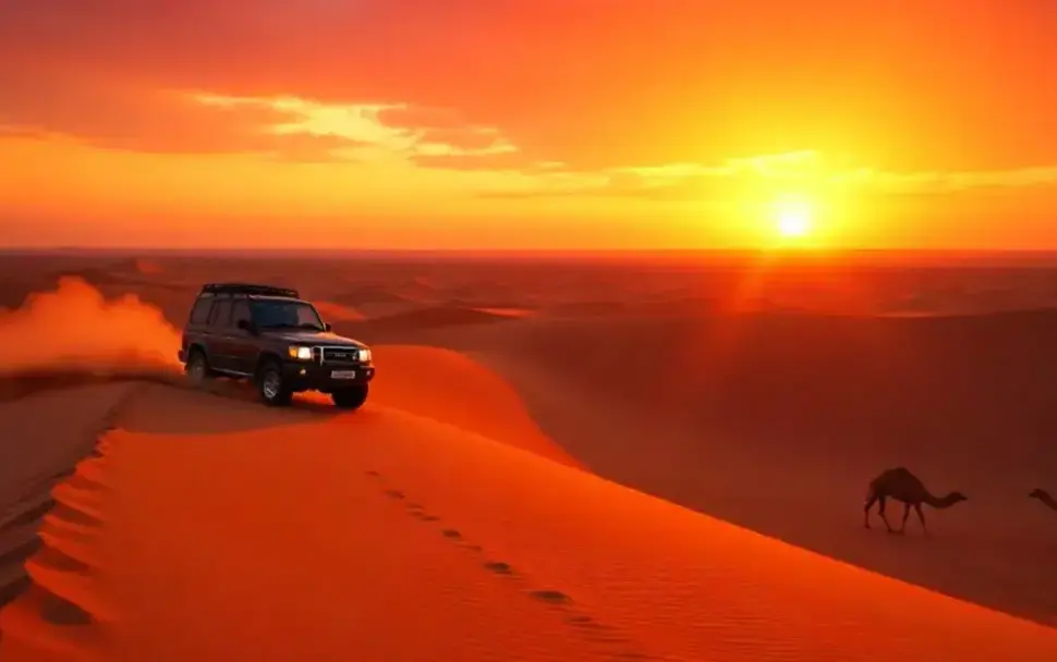 private morning desert safari at sunrise with camel ride and red dunes