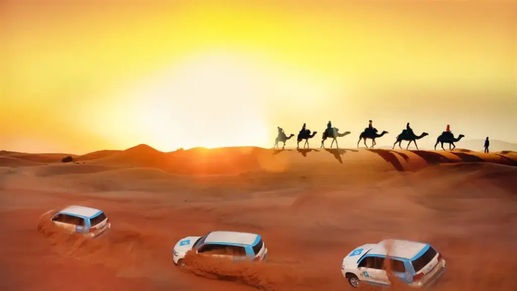 › Forever Tourism LLC Dubai red dune safari 4×4 on red dunes at sunset with camel ride
