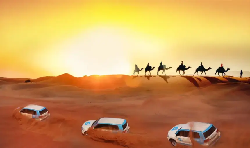 Red Dunes Desert 4×4 on red dunes Dubai at sunset with camel ride