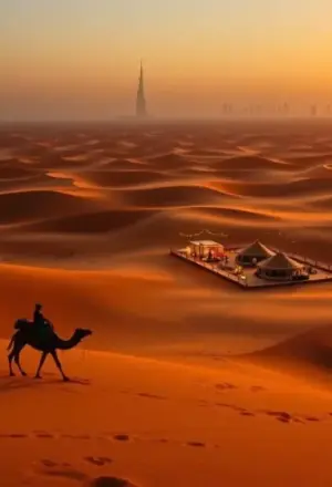 Camel caravan at sunset in the Sahara Desert Dubai during a guided tour