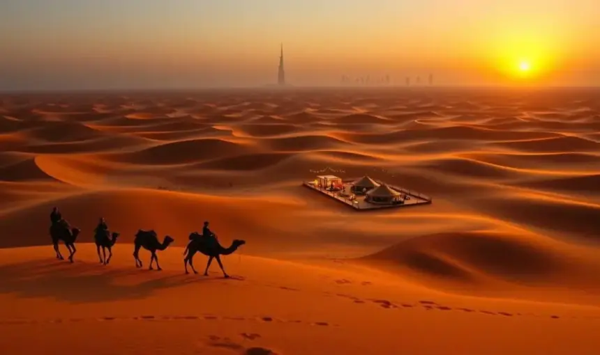 › Forever Tourism LLC Camel caravan at sunset in the Sahara Desert Dubai during a guided tour