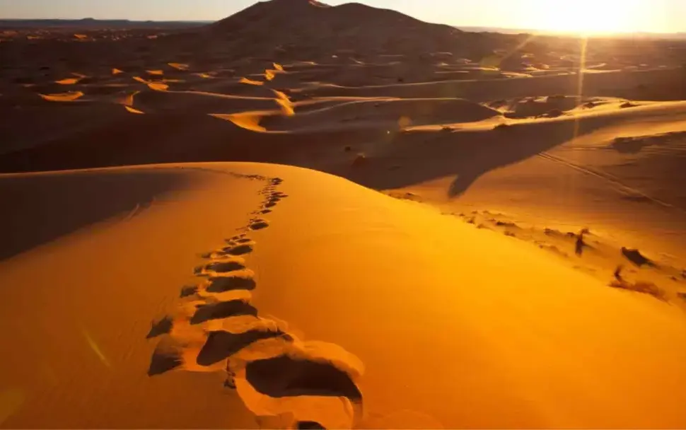 Dubai red desert at sunset with 4x4 on a ridge and silhouettes
