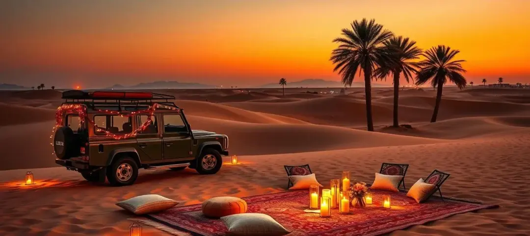 private desert safari with 4x4 on red dunes at sunset and candlelit setup