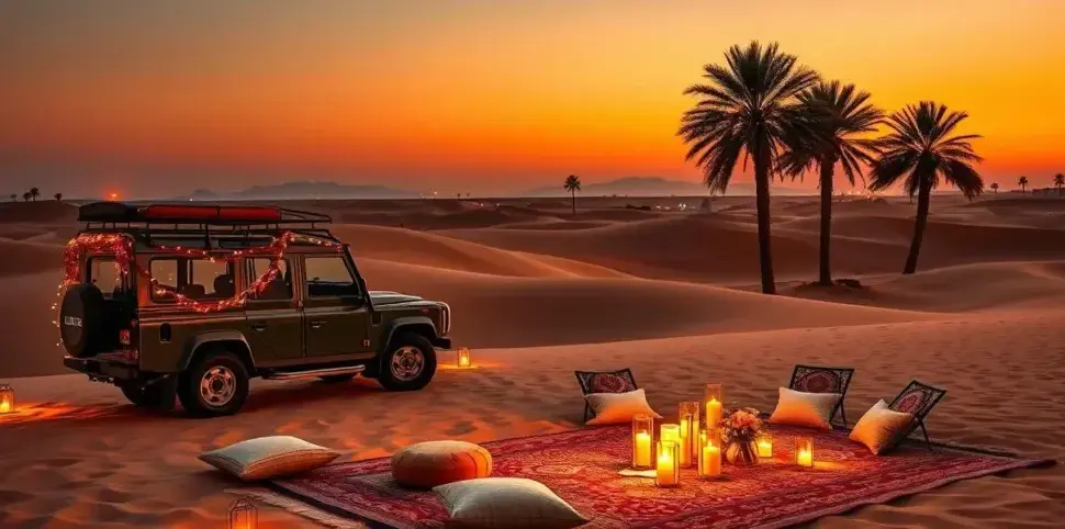 Arabian Safari Dubai with 4x4 on red dunes at sunset and lantern-lit camp