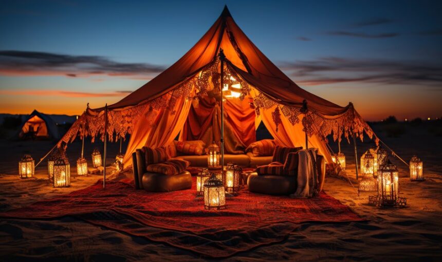 Beautifully lit luxury tent setup at a unique desert safari camp Dubai offering an authentic Arabian experience under the stars.