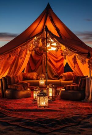 Camel Ride Dubai – Traditional Bedouin Camp Desert Experience › Forever Tourism LLC Luxury Bedouin desert camp after camel ride Dubai experience at sunset