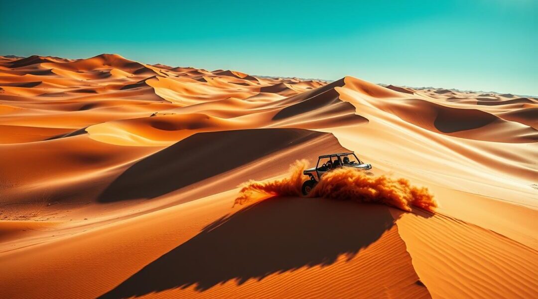 Red Dunes Dubai: Best Spots, Photos & Easy Booking › Forever Tourism LLC red dunes Dubai at sunset with 4×4, camel ride, and camp lights