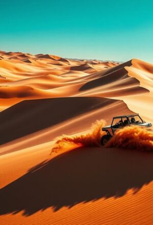 red dunes Dubai at sunset with 4×4, camel ride, and camp lights