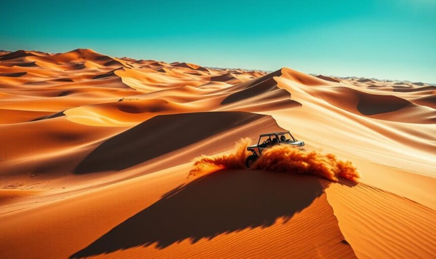 Red Dunes Dubai: Best Spots, Photos & Easy Booking › Forever Tourism LLC red dunes Dubai at sunset with 4×4, camel ride, and camp lights