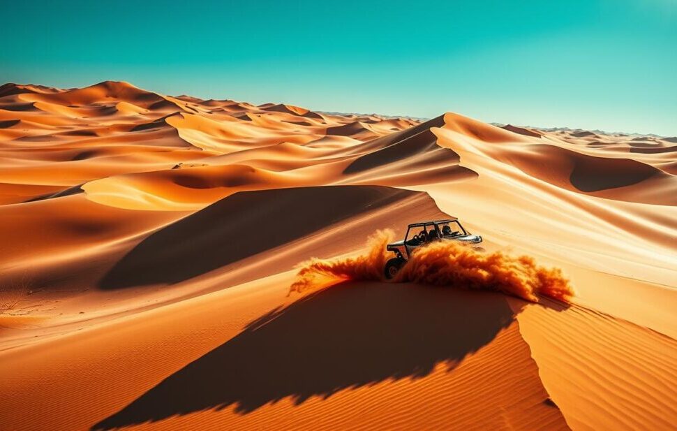 Red Dunes Dubai: Best Spots, Photos & Easy Booking › Forever Tourism LLC red dunes Dubai at sunset with 4×4, camel ride, and camp lights