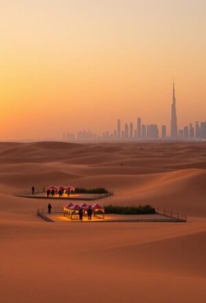 Arabian Desert Safari Dubai with 4×4 on red dunes at sunset and lantern-lit camp
