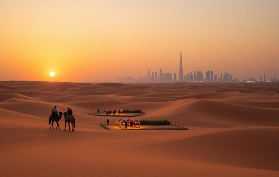Arabian Desert Safari Dubai: Sunset Dunes, Camp & VIP › Forever Tourism LLC Arabian Desert Safari Dubai with 4×4 on red dunes at sunset and lantern-lit camp